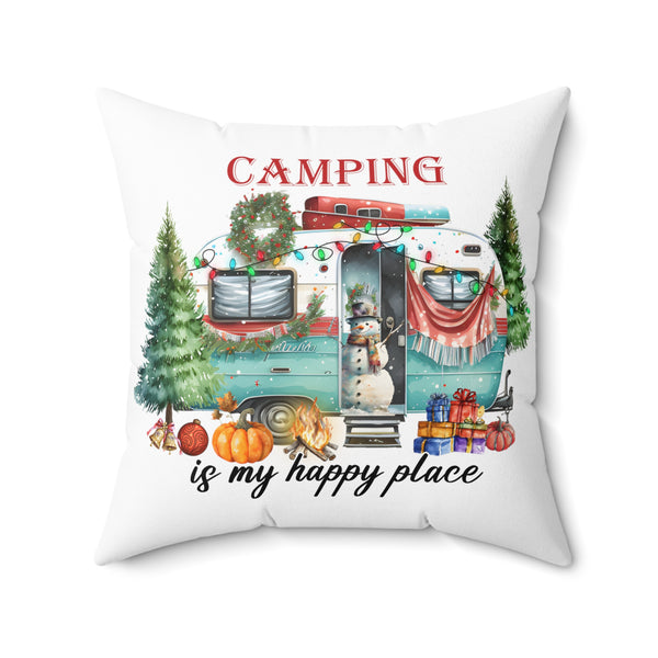 Camping Is My Happy Place Christmas Camper Square Pillow