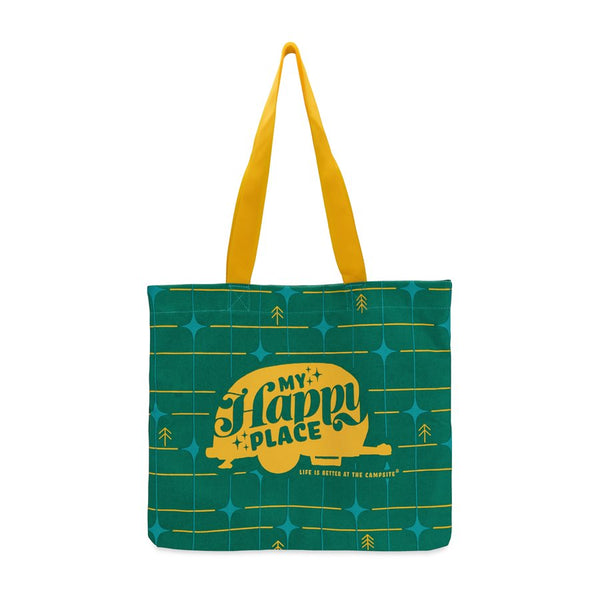 "My Happy Place" Green Grid Tote Bag