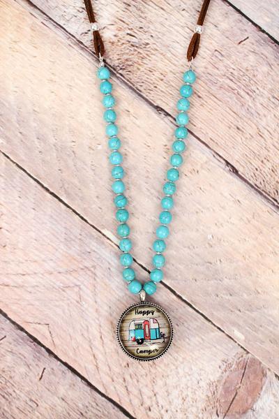 Happy Camper Bubble Pendant Turquoise Beaded Cord Necklace