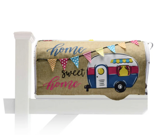 Home Sweet Home Camper Burlap Mailbox Cover