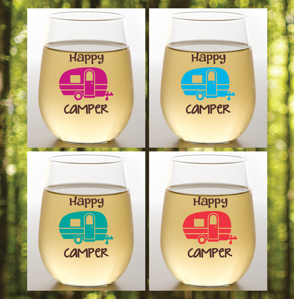 Wine-Oh Happy Camper Stemless Wine Glass (4 Pack)