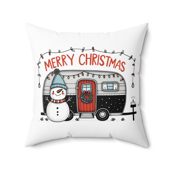Merry Christmas Camper with Snowman Square Pillow