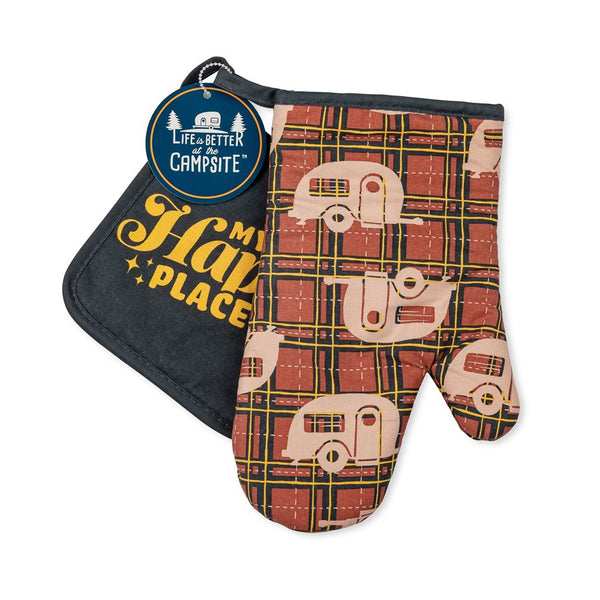 "My Happy Place" Red Plaid Oven Mitt / Pot Holder Set