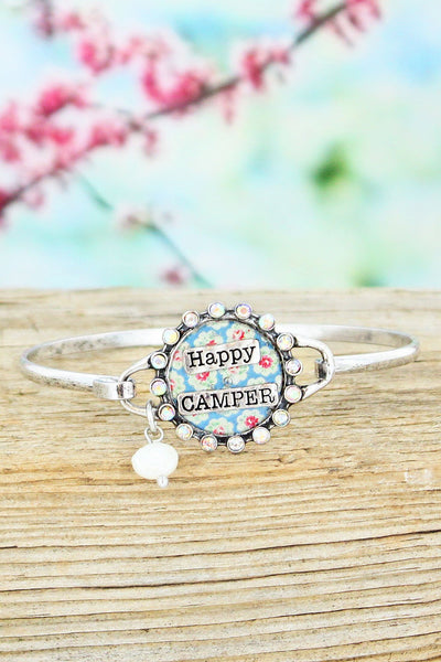 Iridescent Crystal Accented Burnished Silvertone Floral 'Happy Camper' Bracelet