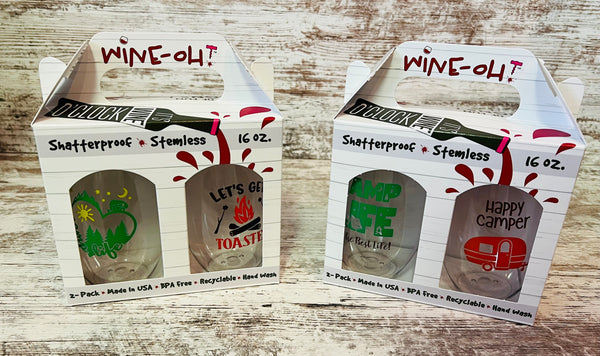 Wine-Oh Camping Themed Stemless Wine Glass (2 Pack)