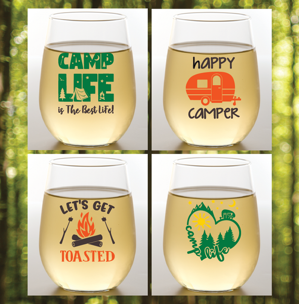 Wine-Oh Camping Themed Stemless Wine Glass (4 Pack)
