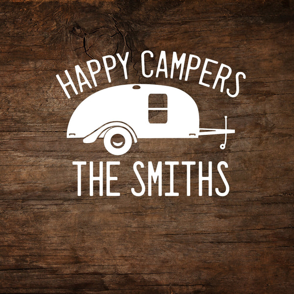Happy Campers (Personalized) Silver Shadow/Teardrop Trailer Window Decal