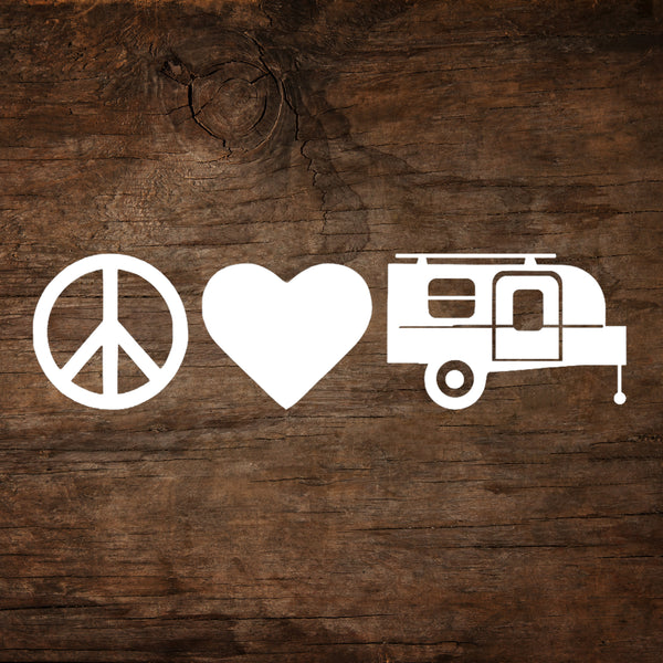 Peace, Love & Camping inTech Flyer Camper Window Decal